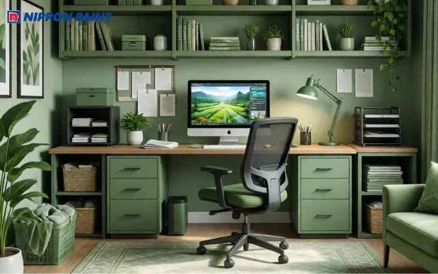 Không gian làm việc tông xanh dịu, kết hợp ánh sáng tự nhiên, giúp giảm căng thẳng và tăng hiệu suất