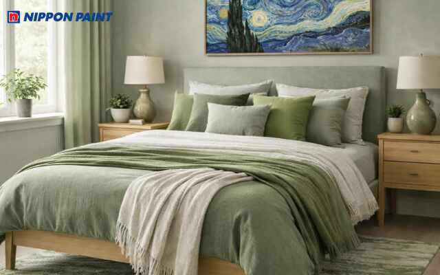 Phòng ngủ tông xanh lá dịu kết hợp cây xanh trang trí, mang hơi thở thiên nhiên vào không gian riêng tư