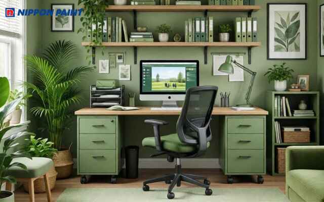 Phòng làm việc xanh lá nhạt kết hợp cây xanh trang trí, mang lại sự tươi mới và cảm hứng sáng tạo