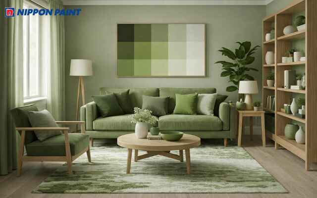 Sofa bọc vải màu xanh rêu đặt trung tâm phòng, kết hợp gối tựa xanh nhạt tạo sự hài hòa