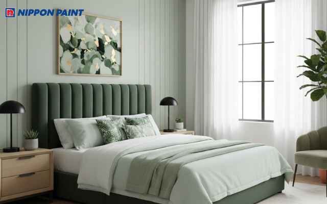 Không gian phòng ngủ phủ sắc xanh dịu, kết hợp ánh sáng tự nhiên, mang lại cảm giác thư thái và thoáng đãng