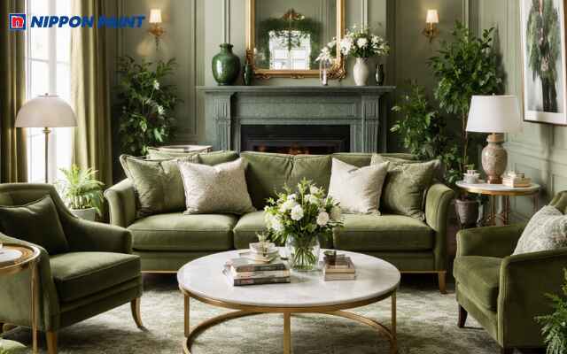 Sắc xanh đậm kết hợp nội thất cao cấp tạo chiều sâu và vẻ đẹp tinh tế cho không gian