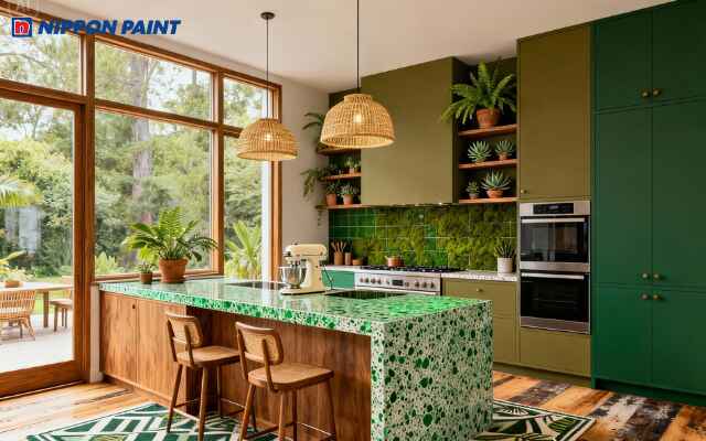 Hệ tủ bếp màu xanh rêu mờ, tay nắm kim loại tối giản, kết hợp bàn bếp đá sáng màu