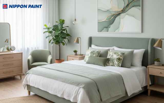 Phòng ngủ mang gam xanh pastel chủ đạo, tạo cảm giác yên bình, nhẹ nhàng và dễ đi vào giấc ngủ