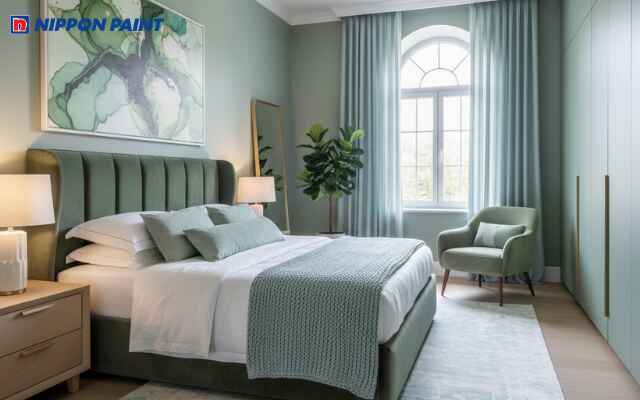 Rèm cửa màu xanh pastel mềm mại, giúp ánh sáng lan tỏa nhẹ nhàng khắp căn phòng