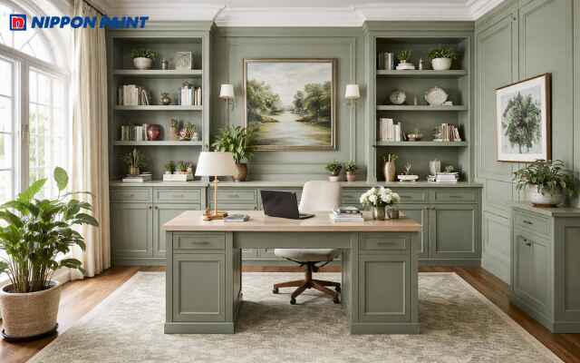 Kệ sách và tủ lưu trữ màu xanh nhạt, tạo sự đồng bộ và ngăn nắp cho không gian