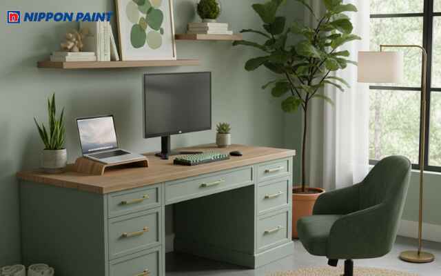 Phòng làm việc mang gam xanh pastel chủ đạo, tạo cảm giác bình tĩnh, tập trung và dễ chịu khi làm việc