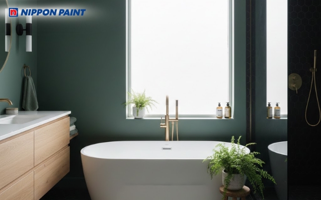 Tone màu xanh lục trầm kết hợp với nâu gỗ tạo cảm giác tối giản, thanh lịch