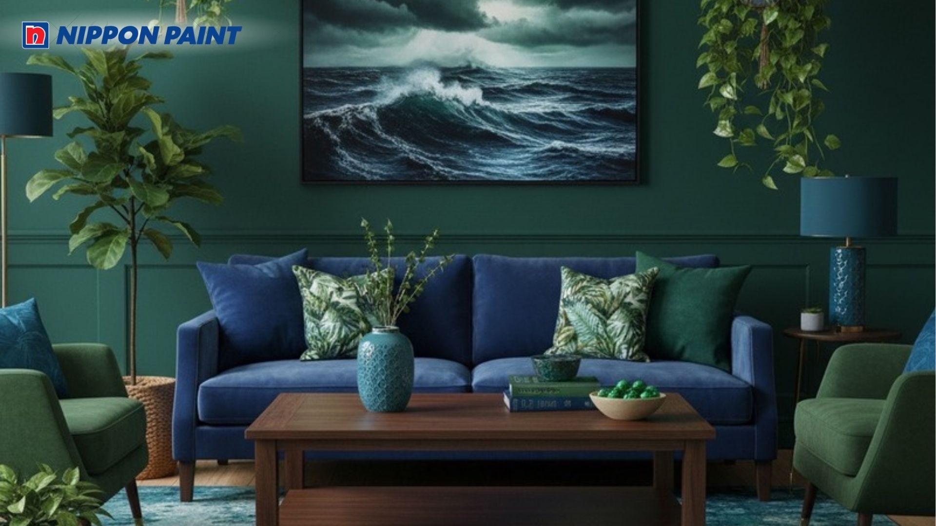 Phòng khách được kết hợp giữa màu xanh lá và xanh dương hỗ trợ vượng khí