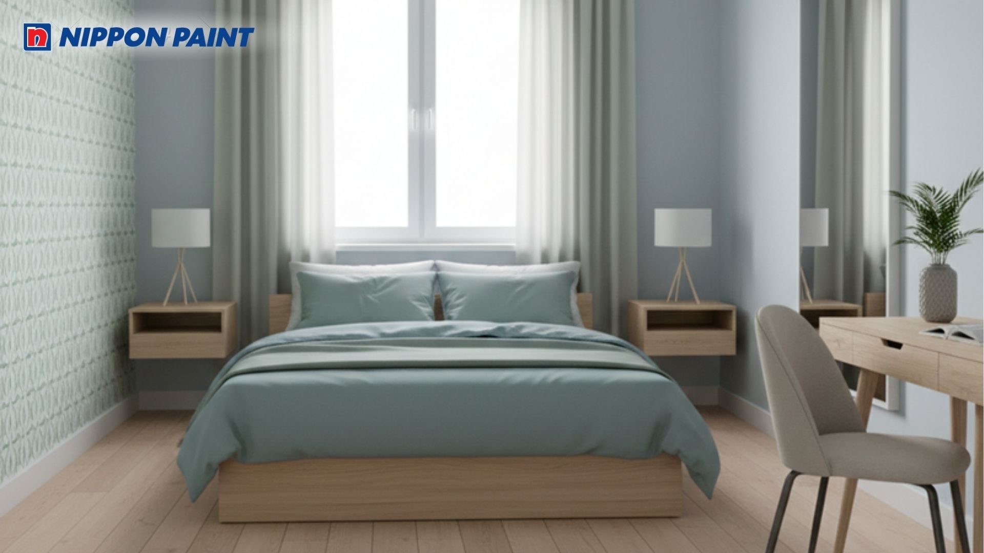 Phòng ngủ màu xanh nước biển nhạt và xanh lục