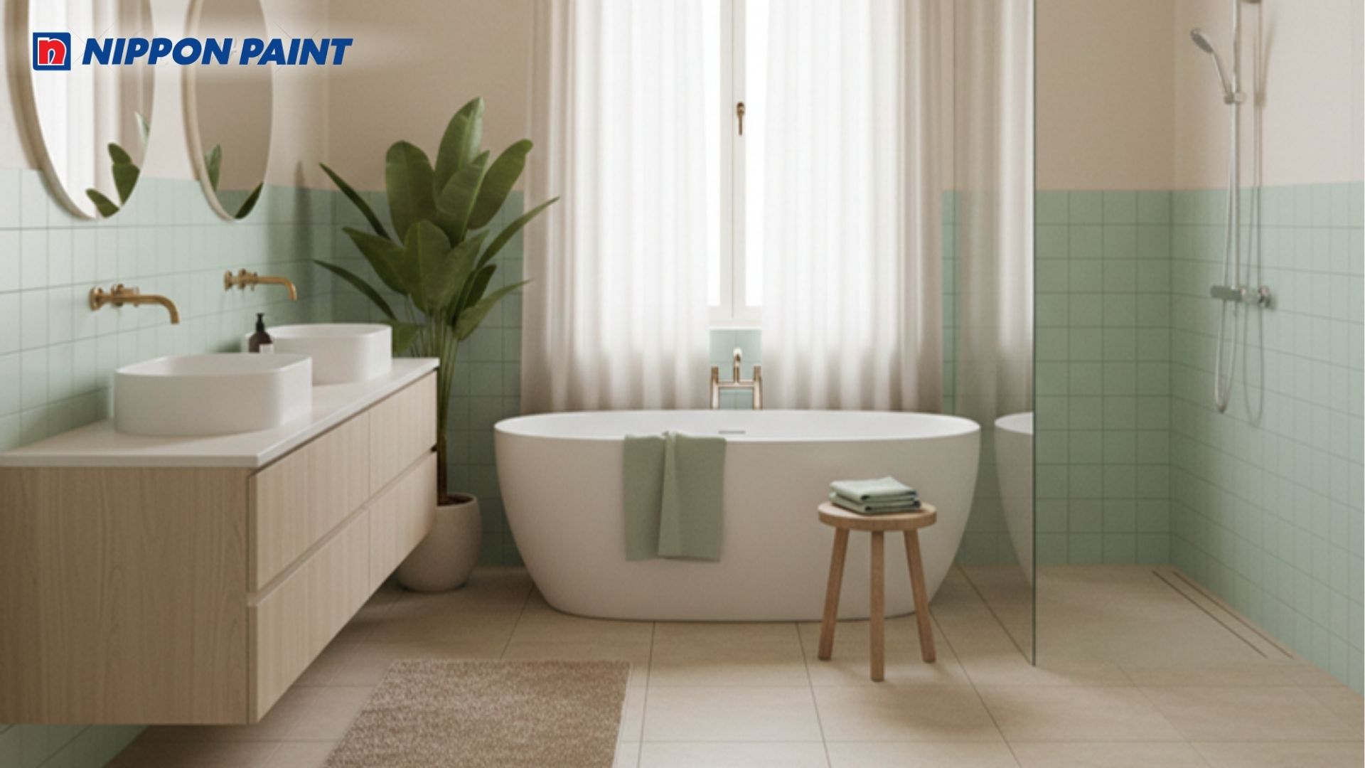 Tone màu xanh ngọc kết hợp với trắng sữa tạo cảm giác thoải mái khi bước chân vào phòng tắm