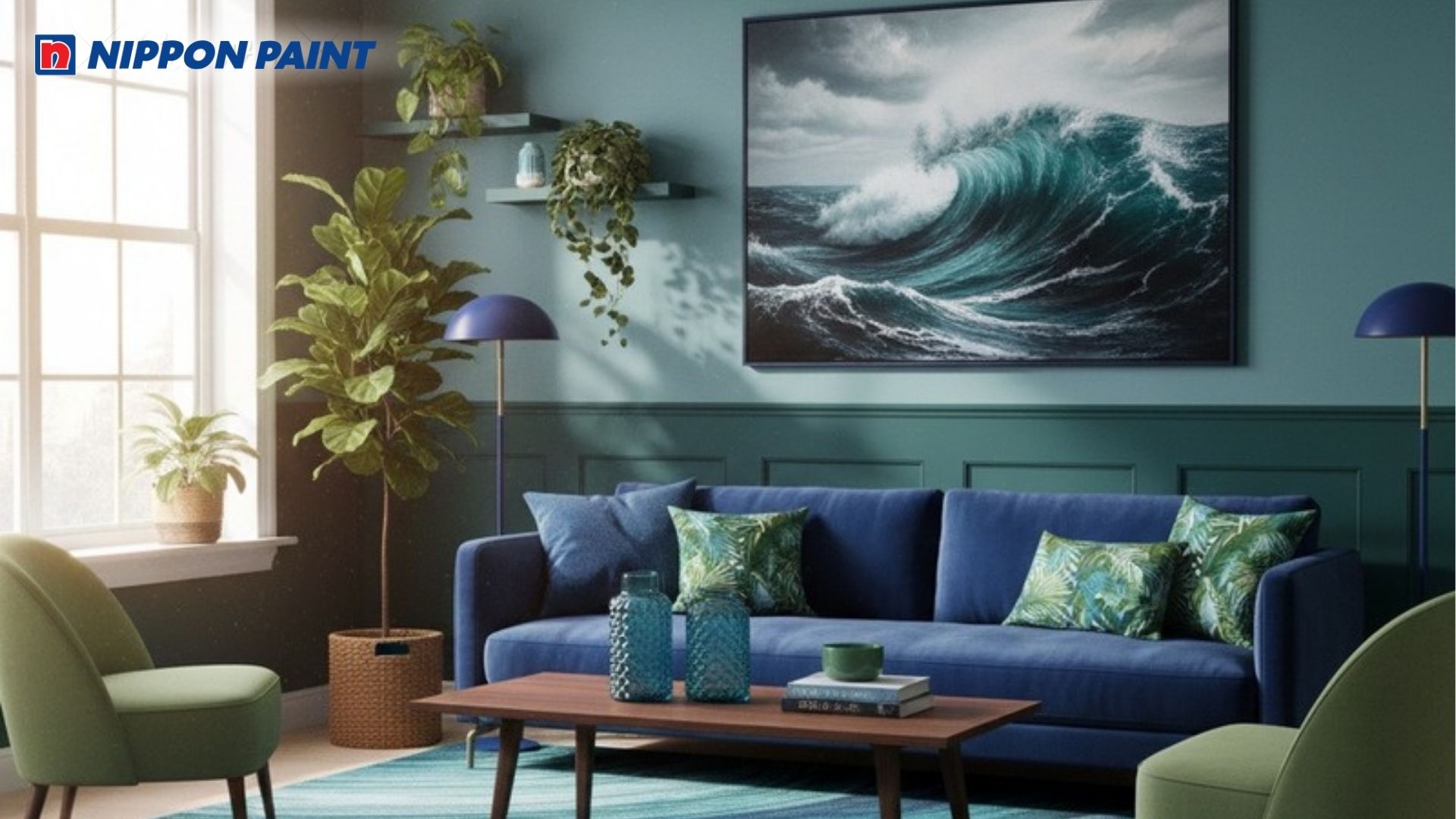 Phòng khách phối nội thất màu xanh tạo sự hài hòa, tốt cho sự phát triển của gia chủ