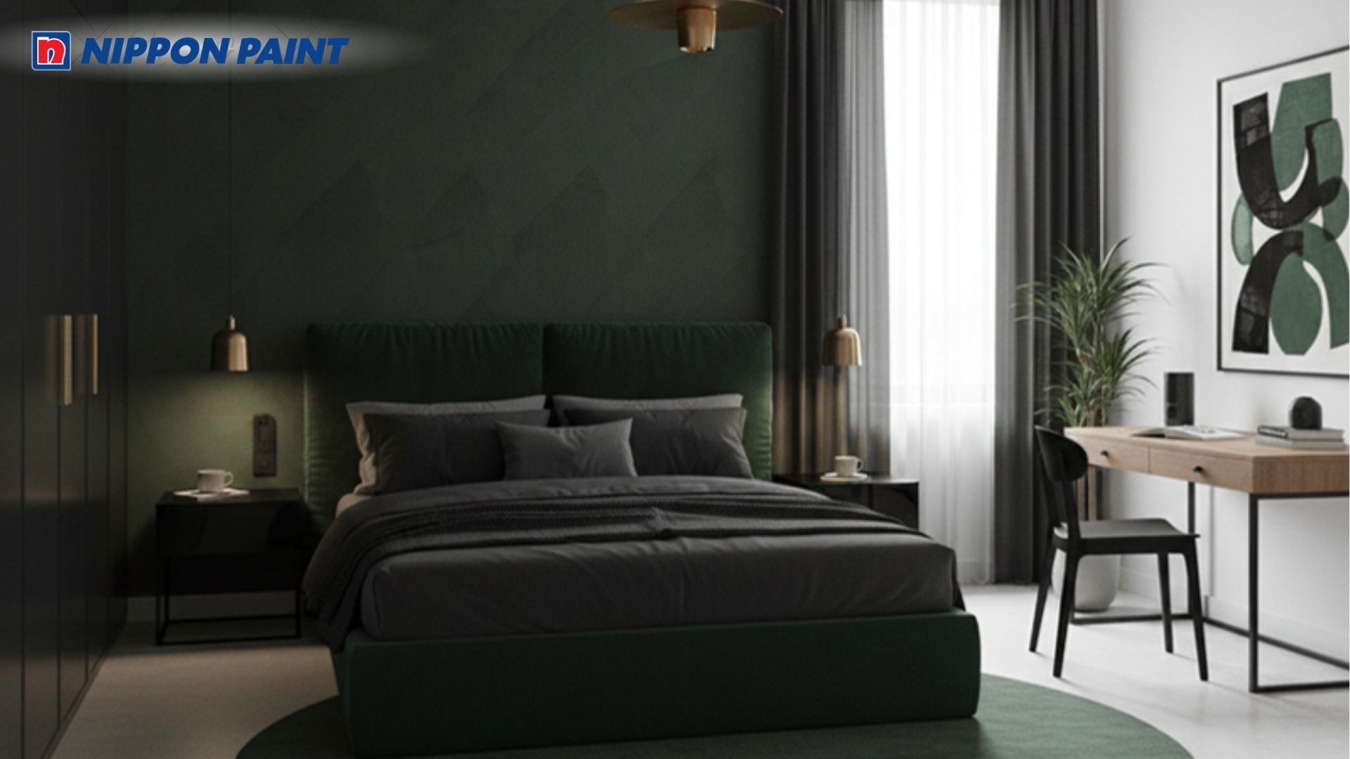 Phòng ngủ thanh lịch, tối giản được sử dụng gam màu đen và xanh lục