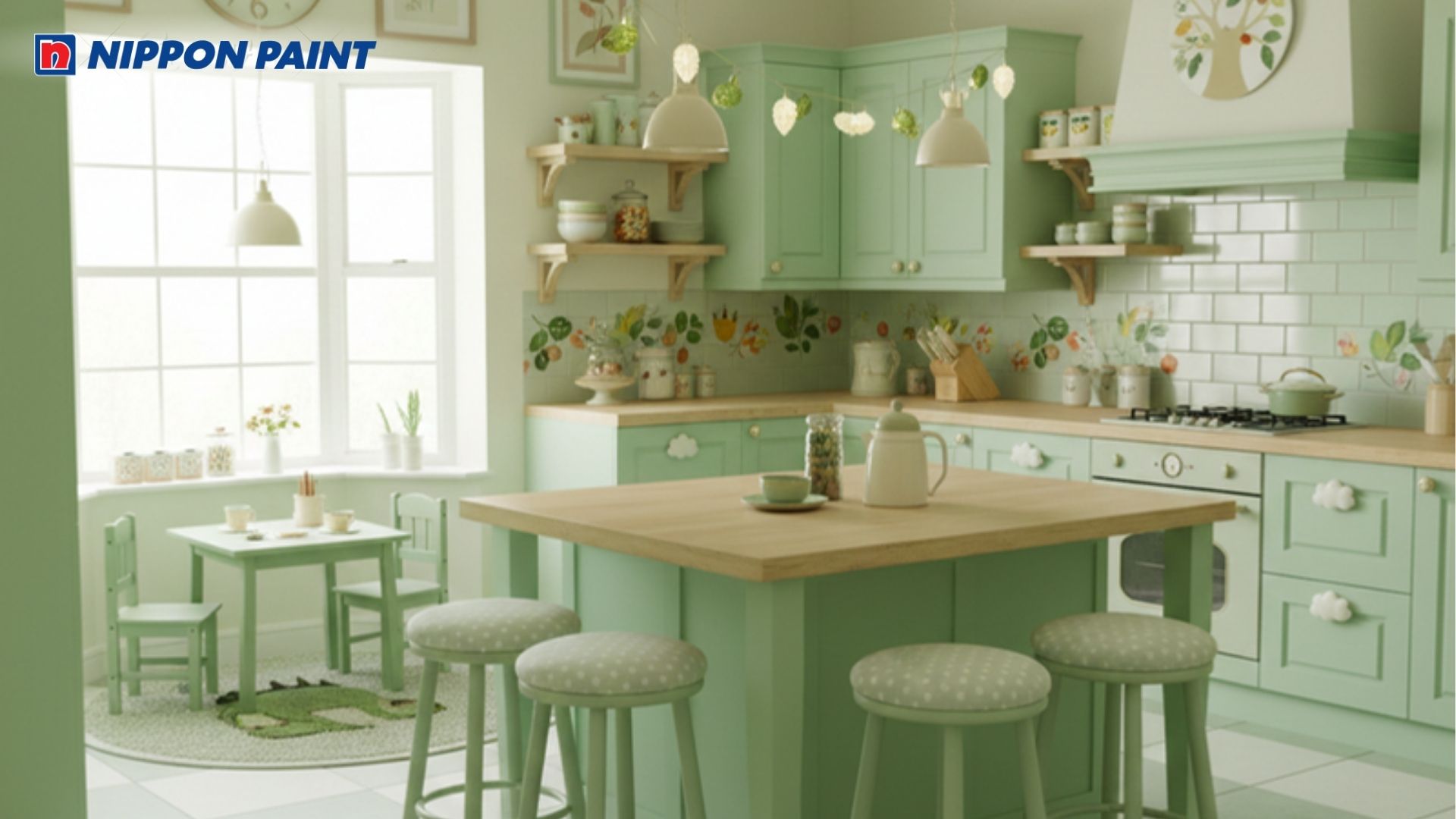 Phòng bếp được thiết kế dễ thương cùng với gam màu xanh pastel nhẹ nhàng