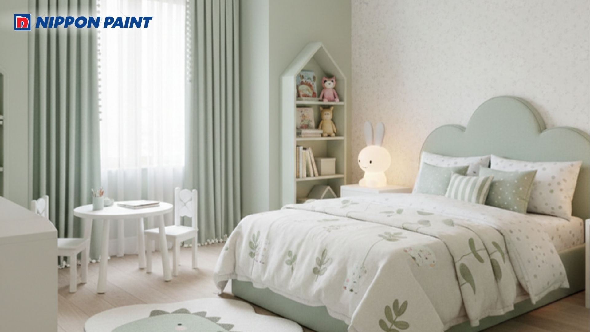 Phòng ngủ dễ thương cùng với gam màu xanh lá cây nhạt kết hợp với trắng sữa