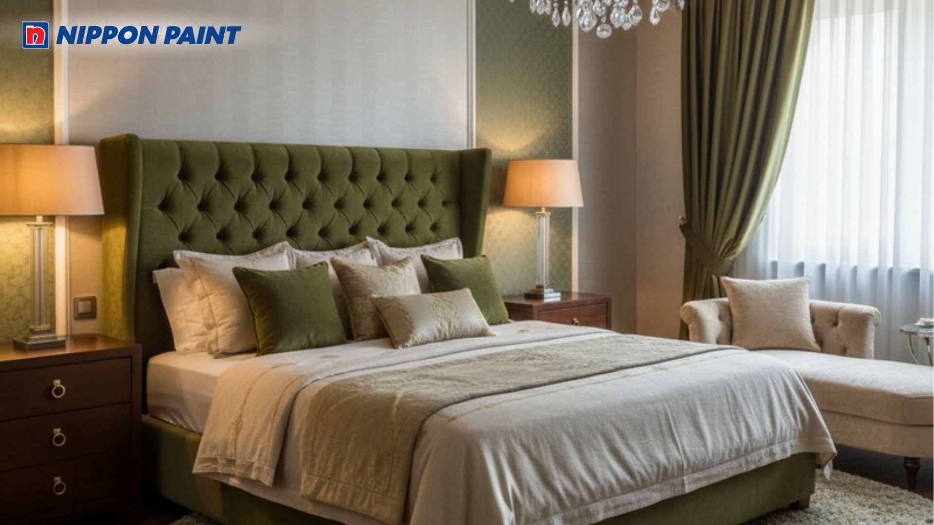 Phòng ngủ màu xanh oliu kết hợp với be nhạt