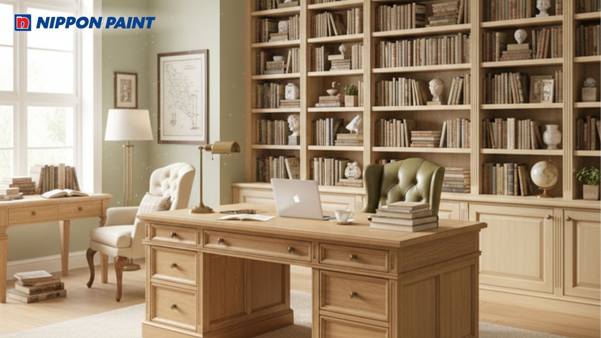 Tone màu xanh lục nhạt kết hợp với trắng kem tạo không gian làm việc thoải mái