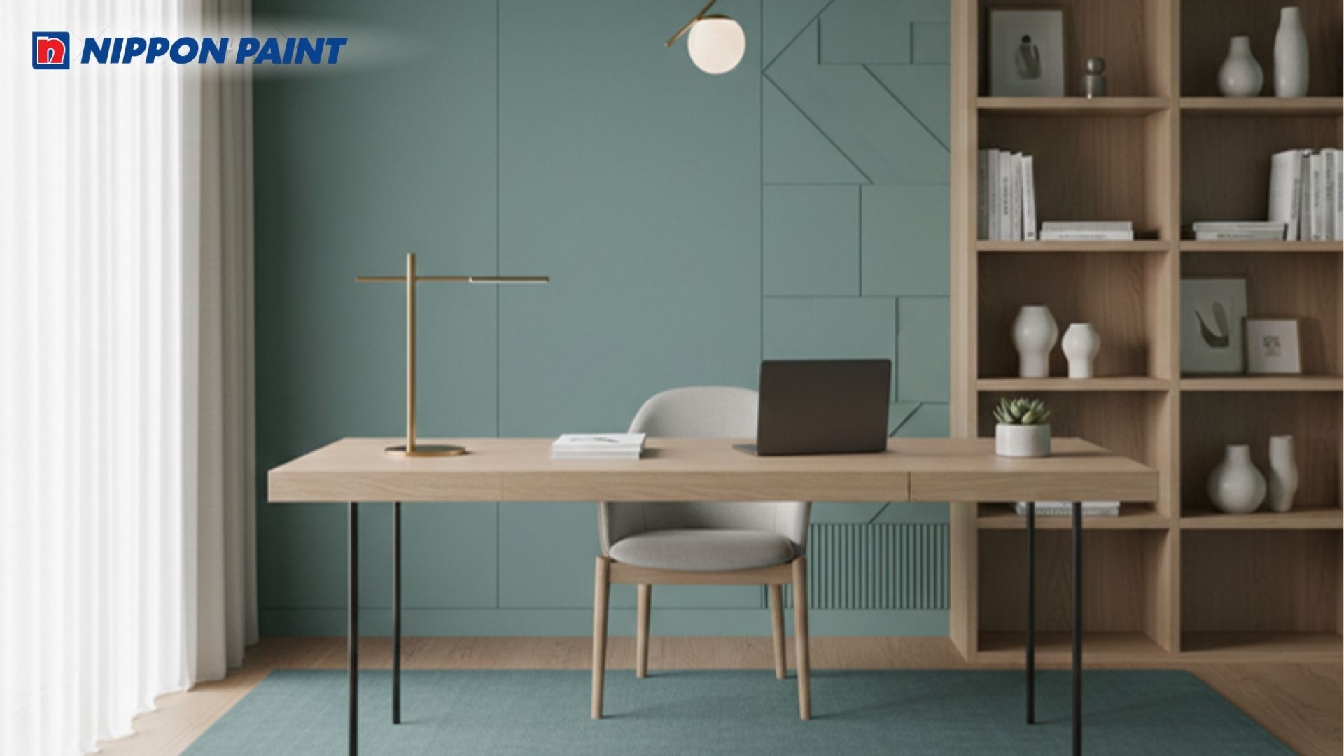 Tone màu xanh lục kết hợp với nâu gỗ sáng tạo không gian làm việc thoải mái