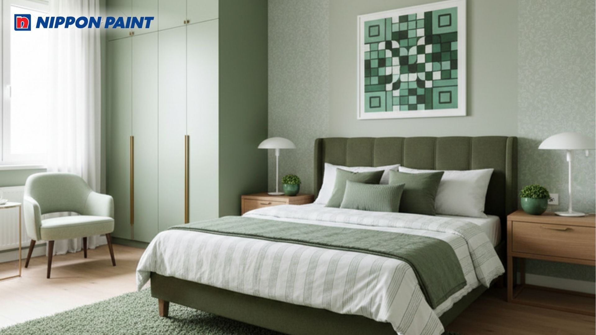 Phòng ngủ được thiết kế gọn gàng được sử dụng gam màu là xanh lục và trắng