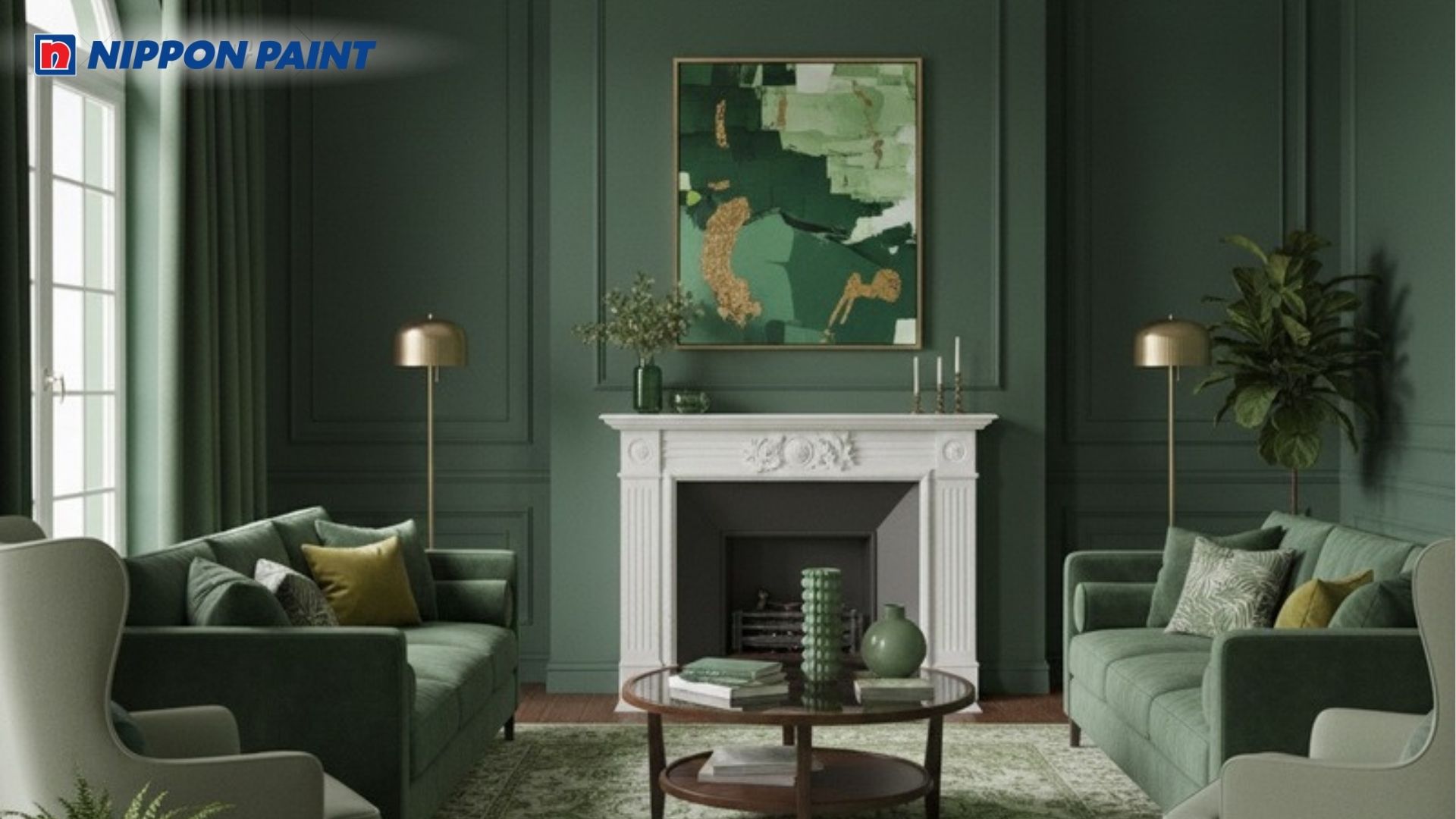 Phòng khách được phủ bởi màu xanh lục mang đến không gian tươi mát