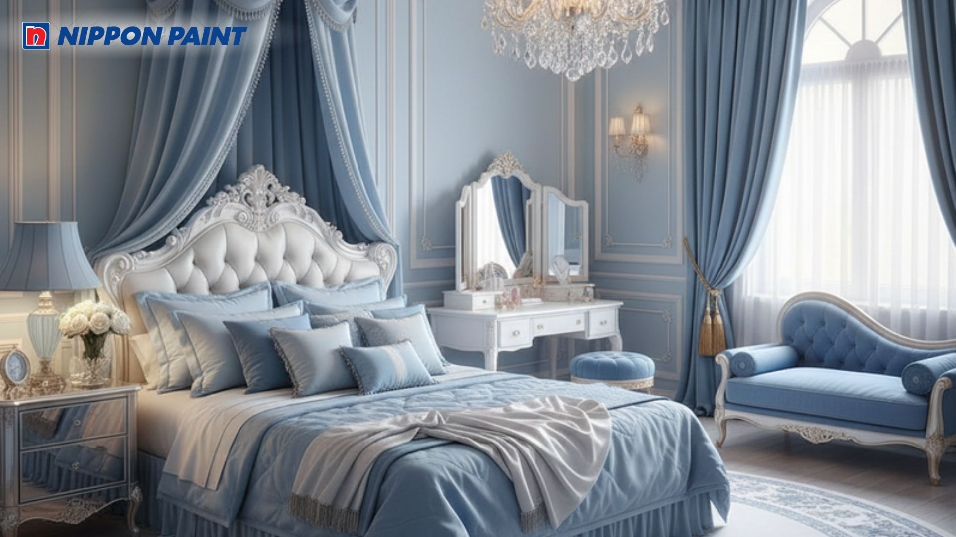 Phòng ngủ được thiết kế theo phong cách sang trọng cùng với gam màu xanh biển