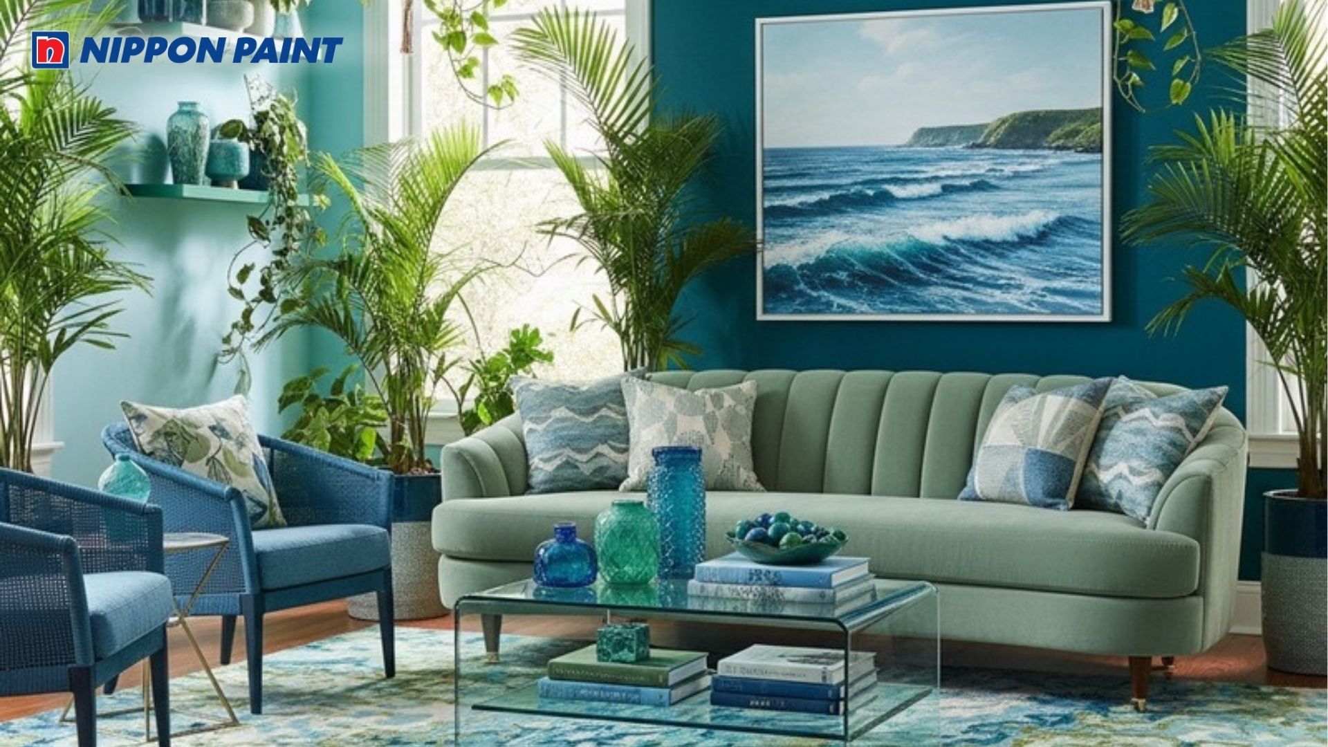 Phòng khách mang màu xanh biển kết hợp phong cách hiện đại mang cảm giác tươi mát