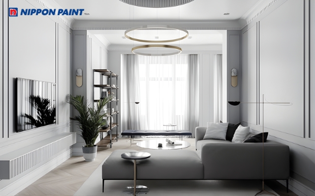 Phòng khách màu trắng - xám ghi giúp không gian sáng sủa