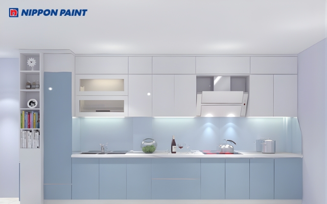 Mẫu phòng bếp trắng - xanh dương nhạt tươi mới