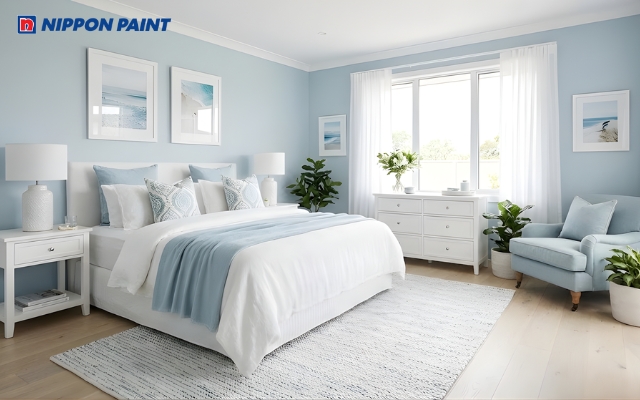 Mẫu phòng ngủ xanh dương nhạt - trắng thư thái