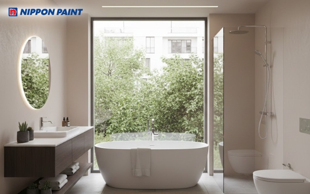 Phòng tắm màu be với nội thất hiện đại, tối giản