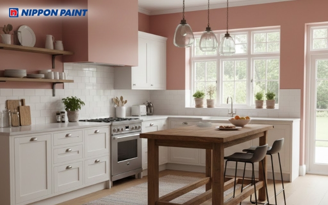 Gam đỏ nhạt giúp không gian bếp thêm phần ấm cúng
