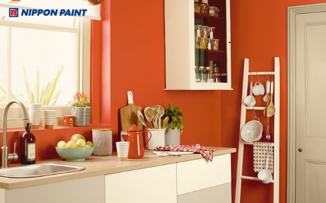 Phòng bếp đỏ nhạt tạo cảm giác ấm áp, kích thích vị giác và cảm hứng nấu ăn