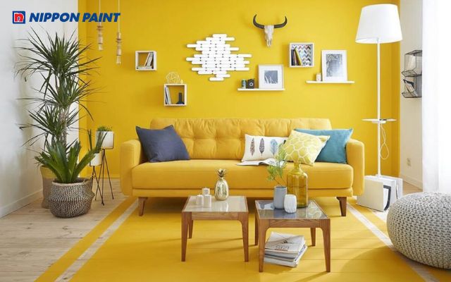 Phòng khách sơn màu vàng tươi sáng, ấm áp