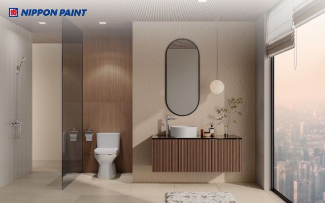 Tông màu nâu sáng nhằm tạo cảm giác rộng rãi và thoáng đãng cho phòng tắm