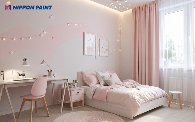 Gam hồng pastel phối nội thất đơn giản, chăn ga tinh tế