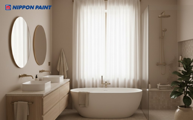 Phòng tắm màu nâu be tối giản, mang đến sự bình yên cho người sử dụng