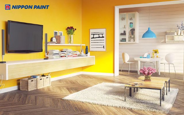 Phòng khách hiện đại với tông màu vàng ấm áp, nội thất tối giản