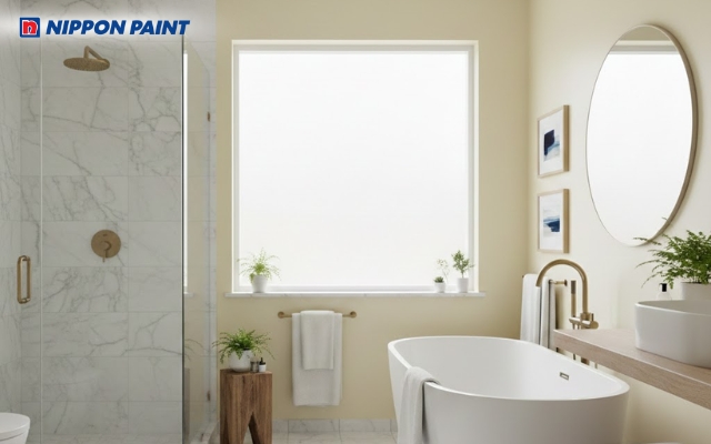 Phòng tắm vàng nhạt, ấm áp mà tinh tế