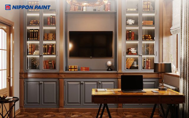 Phòng làm việc màu nâu đất với nội thất gỗ tối giản, hiện đại