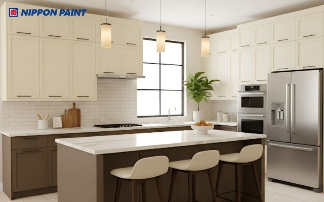 Phòng bếp theo phong cách hiện đại với sự kết hợp giữa màu vàng kem và nâu đất hài hòa