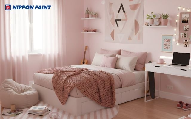 Phòng ngủ tông hồng phấn - trắng chủ đạo, nhẹ nhàng, dịu mắt, mang cảm giác ấm áp và thư thái