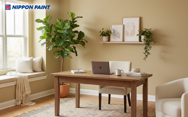 Phòng làm việc dùng gam vàng be dịu nhẹ và dễ tập trung