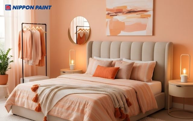 Phòng ngủ nổi bật với gam cam đào - be dịu nhẹ, mang sắc ấm áp, tạo cảm giác thư thái và dễ chịu