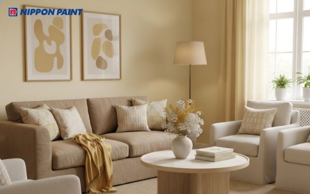 Phòng khách với sự kết hợp của màu vàng chanh nhạt và nâu sữa mang phong cách nhẹ nhàng