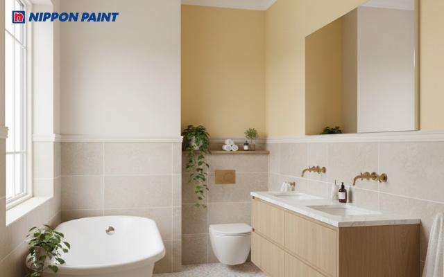 Phòng tắm tông vàng kem - be kết hợp gỗ và ánh sáng hắt, tạo cảm giác ấm áp, thư giãn