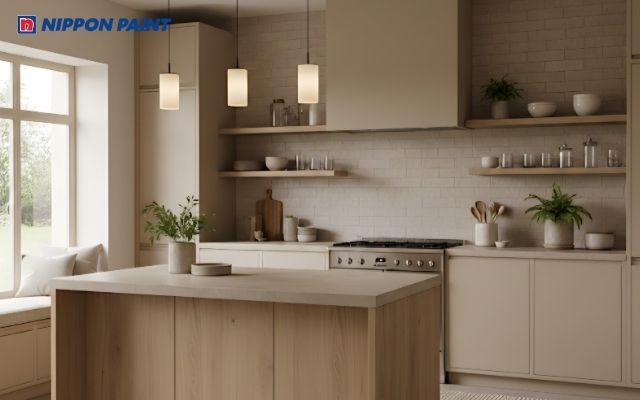 Căn bếp gam be - nâu gỗ nhạt, kết hợp ánh sáng tự nhiên và đèn thả, tạo cảm giác ấm áp, hiện đại