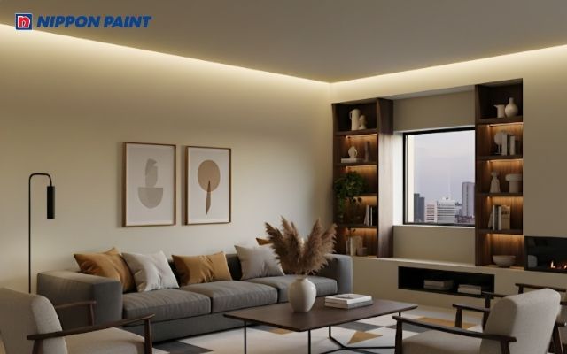 Phòng khách hiện đại với sự kết hợp giữ màu vàng nhạt và nâu trầm