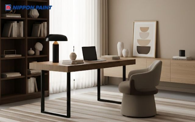 Phòng làm việc màu nâu be phối gỗ tự nhiên, tạo cảm giác vững chãi, phù hợp mệnh Thổ