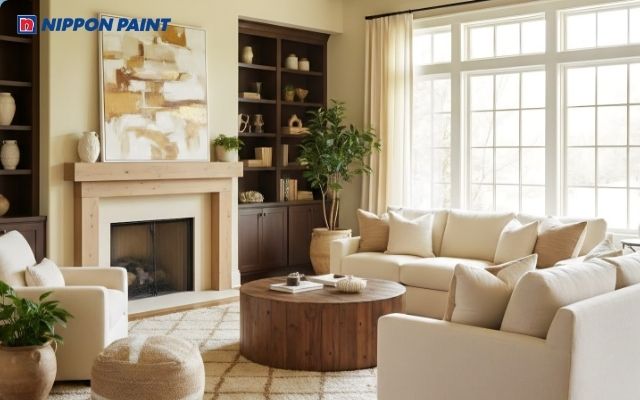 Phòng khách với gam màu vàng kem kết hợp với nâu đất rộng rãi, tươi sáng