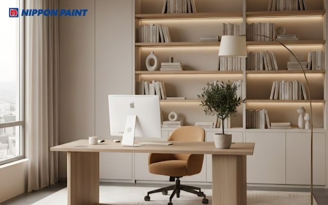 Phòng làm việc tông be - kem, phối gỗ sáng, mang lại cảm giác nhẹ nhàng, yên tĩnh và dễ tập trung